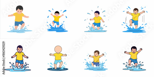 Happy young boy splashing and jumping in water puddles set. Joyful childhood activity vector illustration collection isolated on white.