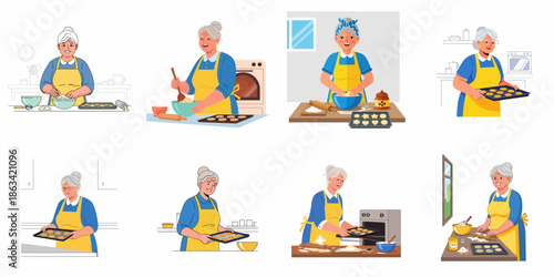 Grandmothers baking cookies set: Happy elderly women preparing homemade treats in the kitchen, mixing dough, and putting fresh biscuits into the oven.