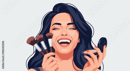 Vibrant illustration of a cheerful young woman joyfully engaging in her beauty ritual, holding various makeup brushes and a compact mirror, expressing happiness and self-care