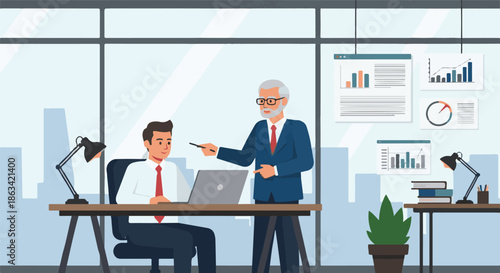 Business meeting between an experienced manager and a young employee in a modern office environment