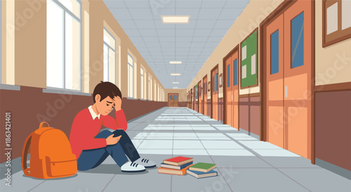 A sad and lonely boy sits dejectedly on the floor of an empty school hallway with his backpack and books, symbolizing childhood emotional struggles and social isolation