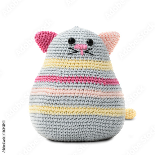 A cat doorstop made using the amigurumi crochet technique, on a transparent background.