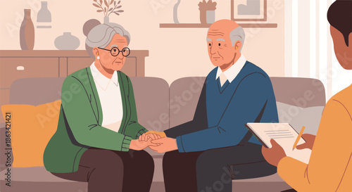 Elderly couple holding hands during a therapy session, seeking comfort and support