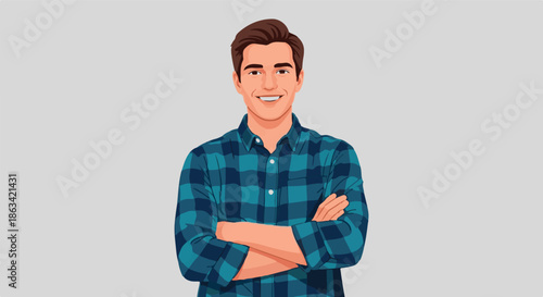 Confident man with arms crossed, smiling broadly, wearing a blue plaid shirt, set against a neutral gray background