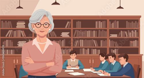 Illustration of a senior female teacher or professor standing in a library with students studying at a table behind her