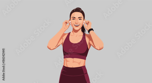Fit woman with earbuds preparing for a workout on a plain background