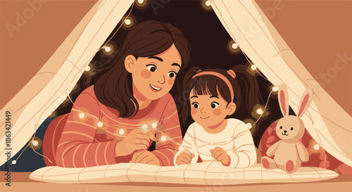 A loving mother and daughter share a magical moment in a cozy tent, adorned with twinkling fairy lights and a stuffed bunny companion