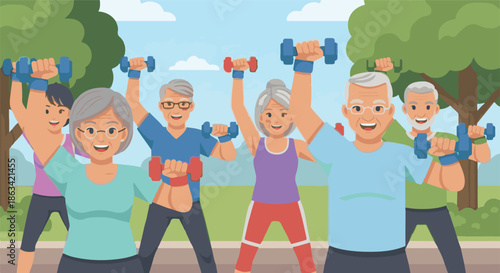Happy senior citizens enjoying an outdoor group workout session, lifting dumbbells to maintain a healthy and active lifestyle, promoting well-being and community spirit
