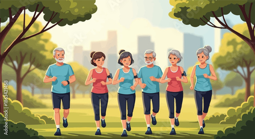 Active senior adults enjoying a refreshing jog in a vibrant park, promoting a healthy lifestyle, community fitness, and well-being through outdoor exercise