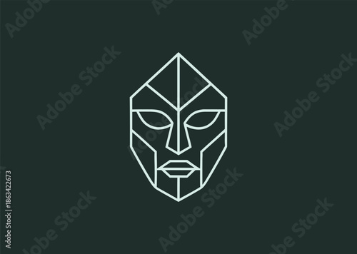 A bold line mask logo with balanced symmetry and expressive contours, representing mystery, identity, and artistic character