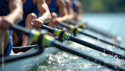 Crew rows boat with oars in sync on blue water. Athletes in blue uniforms compete in race with speed and power. Teamwork wins regatta event.