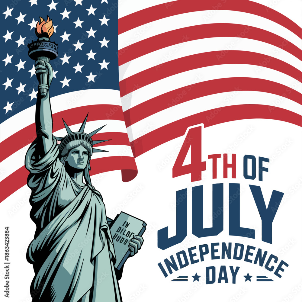 Naklejka premium Fourth of July Independence Day illustration featuring Statue of Liberty American flag patriotic colors bold typography USA celebration theme.