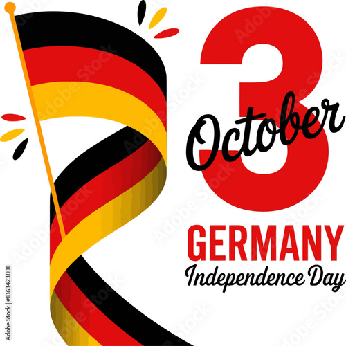 Germany Independence Day illustration with waving German flag and bold October 3 typography celebrating unity, freedom, and national pride.