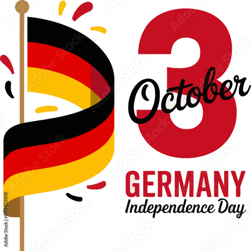 Germany Independence Day illustration with waving German flag and bold October 3 typography celebrating unity, freedom, and national pride.