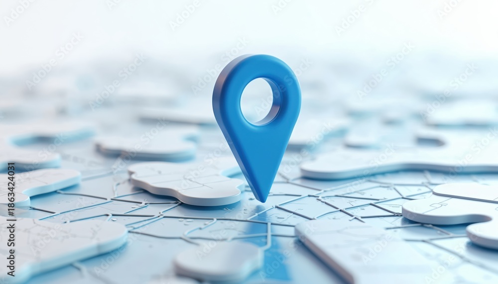 Fototapeta premium Blue map pin rests on abstract digital map grid. Location marker shows destination point on futuristic global network plan. GPS system shows path direction.