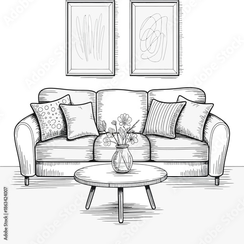Cozy line-art living room featuring sofa, coffee table, window with curtains, floor lamp, and sideboard decor