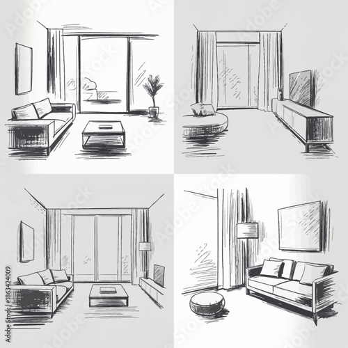 Minimalist living room concept sketches showing modern interiors with sofas, tables, TVs, and clean perspective lines