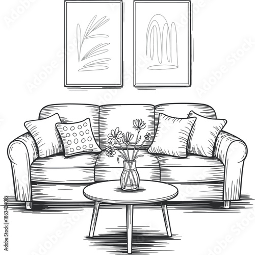 Cozy line-art living room featuring sofa, coffee table, window with curtains, floor lamp, and sideboard decor