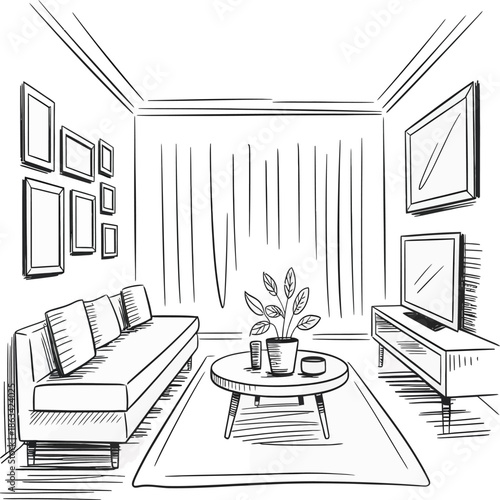 Cozy line-art living room featuring sofa, coffee table, window with curtains, floor lamp, and sideboard decor
