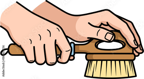 Hands holding a wooden brush for cleaning, performing maintenance on a surface, isolated on a transparent background, focus on fine details and hand positions.