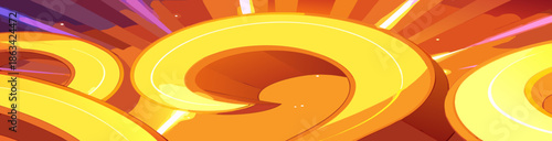 Healthy hot vegetable soup in a white ceramic bowl with a spoon is isolated on an abstract colorful background featuring red and orange circles