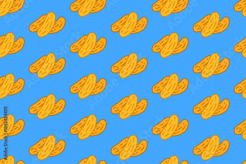 Fried banana colorful doodle seamless pattern on blue background set for street food. Banana fritter cartoon pattern background for restaurant. Fried plantain isolated illustration motif for cafes