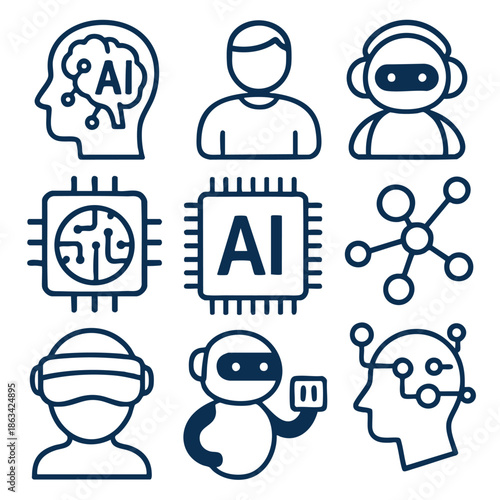 Artificial intelligence icon set, including robot, chip, human head, network, and virtual reality