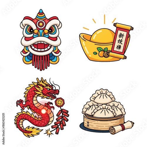 A vibrant collection of traditional Chinese New Year symbols including a lion dance head, gold ingot with a scroll, a dragon with firecrackers, and a bamboo steamer filled with dumplings.