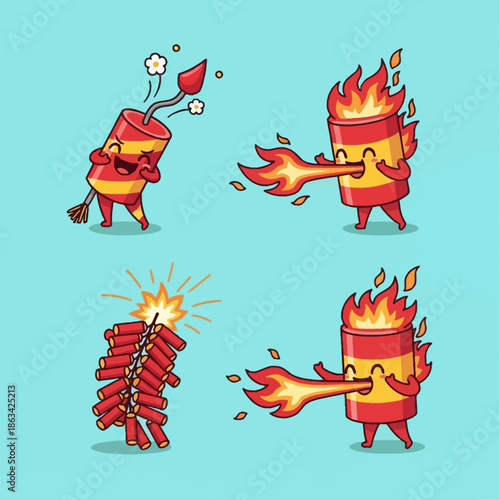 Four cartoon illustrations of anthropomorphic firecrackers with faces, two of which are breathing fire.