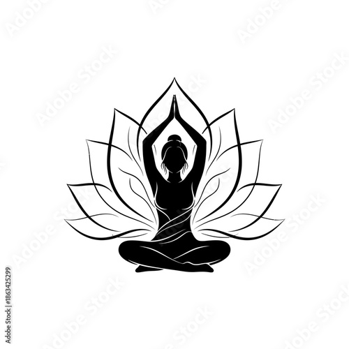 Black silhouette of a person meditating in lotus position with lotus flower.