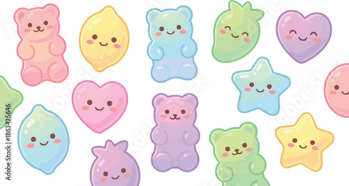 Cartoon gummy candy illustration, smiling sweets, pastel bears, hearts, stars, fruit shapes, playful design, cheerful vector art
