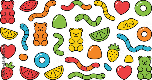 Cartoon gummy and fruit candy illustration, colorful sweets, playful snack mix, cheerful design, pastel treats, vector art for kids