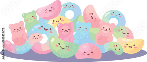 Cartoon gummy candy pile illustration, smiling sweets, pastel bears, worms, rings, playful design, cheerful vector art for kids