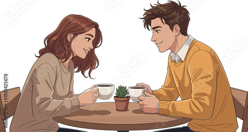 Casual coffee conversation, two people at table, cozy setting, warm sweaters, indoor leisure, social interaction, friendly moment