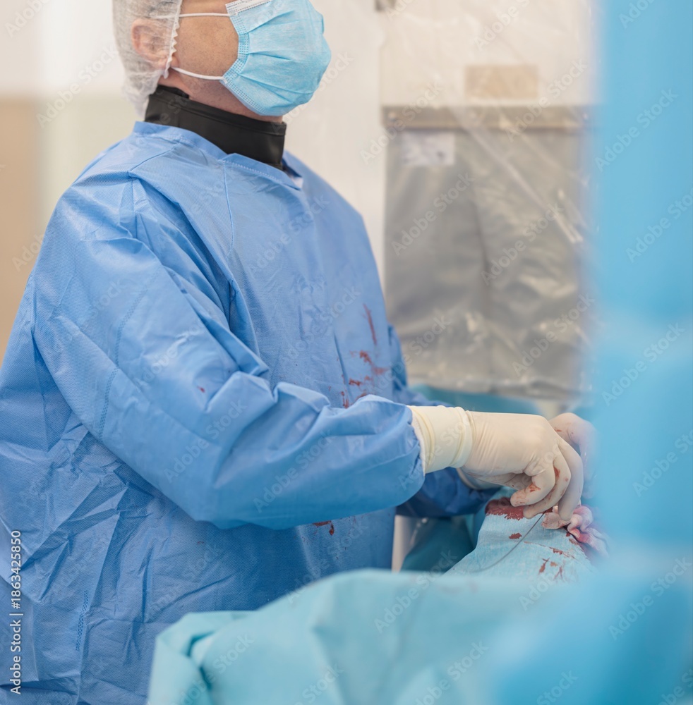 Fototapeta premium In a clean and well-equipped medical room, a focused surgeon in blue scrubs conducts a transarterial chemoembolization procedure, demonstrating precision and care during treatment