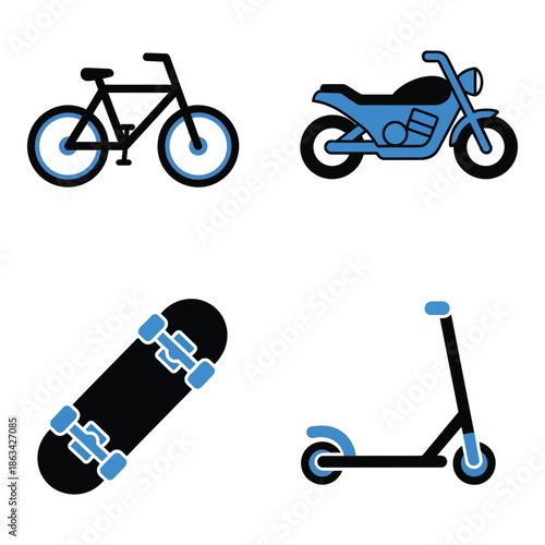 Vector art of set of four icons representing different modes of transportation bicycle, motorcycle, skateboard, and scooter