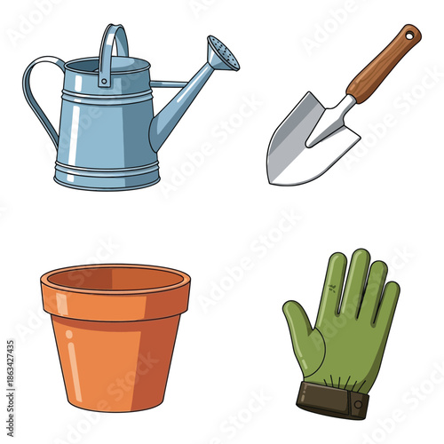 Vector art of gardening tools set including watering can, trowel, pot, and glove, for planting and nurturing plants