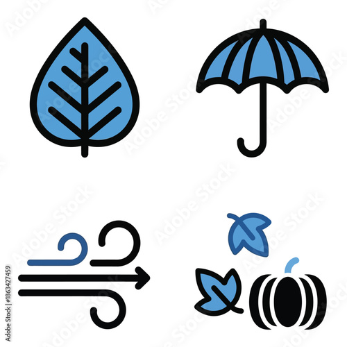 Vector art of set of four autumn weather icons including a leaf, umbrella, wind, and pumpkin with leaves