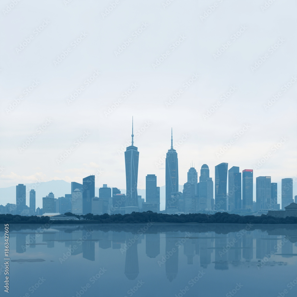 Obraz premium City skyline in blue tones reflected on water with copy space