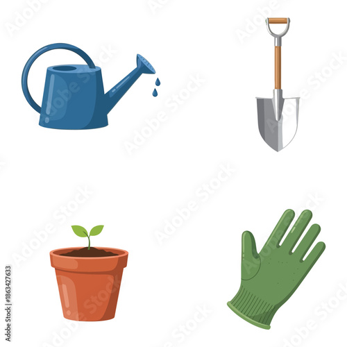 Vector art of gardening tool icons watering can, shovel, seedling, and glove