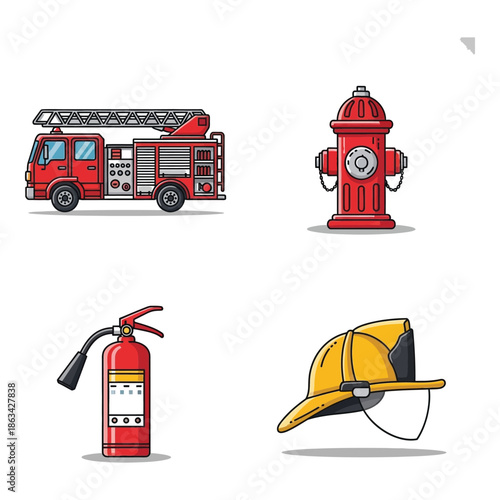 Vector art of firefighter equipment icons fire truck, hydrant, extinguisher, and helmet, isolated on gray background