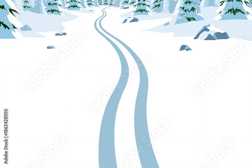 Stylized winter landscape with ski tracks through snow-covered forest