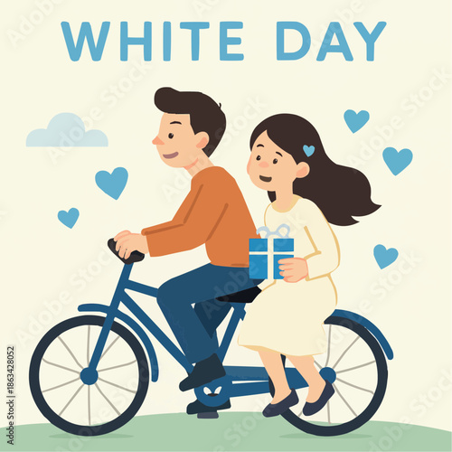 White Day Couple Bicycle Ride Flat Vector