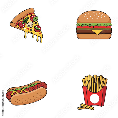 Vector art of four popular fast food items including pizza, hamburger, hot dog, and french fries on a light background