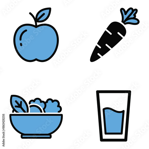 Vector art of four icons representing healthy food and drink apple, carrot, salad, and water