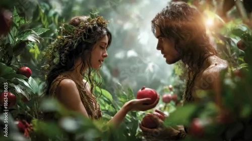 Snake in the Adam and Eve story offers forbidden fruit temptation, Book of Genesis. Bible legend of expulsion from Garden of Eden and original sin