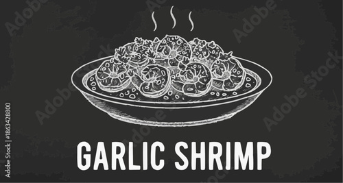 Garlic shrimp served in a bowl with steam on a chalkboard background