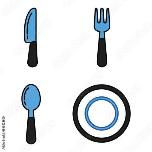 Vector art of tableware icons with a knife, fork, spoon, and plate