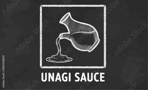 Unagi sauce pouring from a bottle on a chalkboard background