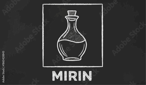 Mirin bottle with liquid on a chalkboard background
